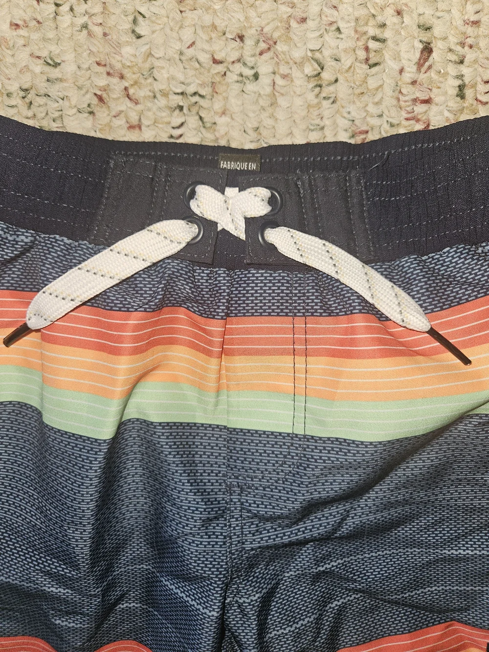 Quiksilver Boys Blue Stripe Swim Trunks with Orange, Green, and White Accents